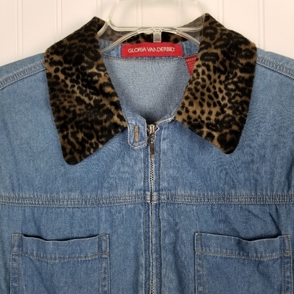 Vintage Denim Faux Fur Collar Cheetah Shirt Jacket Womens Medium Chambray Zipper - Picture 2 of 12
